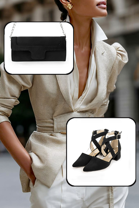 Dress heels closed-back crossed straps in matt black leather with low flare heels and tapered toe - Worn view